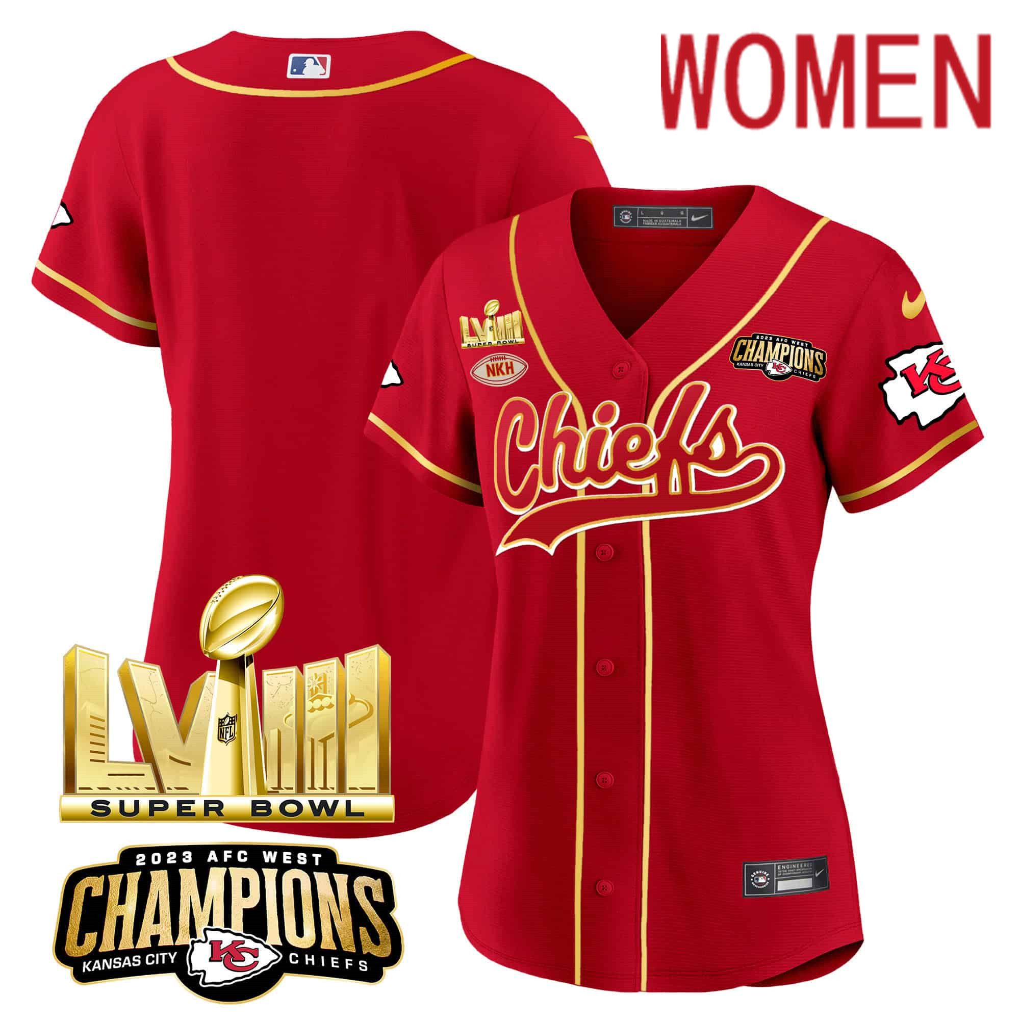 Women Kansas City Chiefs Blank Red 2024 Nike Super Bowl LVIII Back-2-Back Gold Patch Baseball NFL Jersey->women nfl jersey->Women Jersey